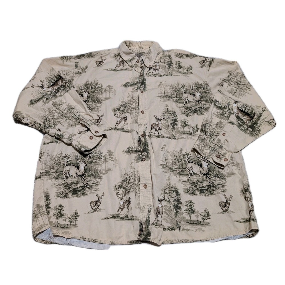 WOODS & WATER OUTFITTERS Size 2XL Button Long Sleeve T Shirt Deer Woodland